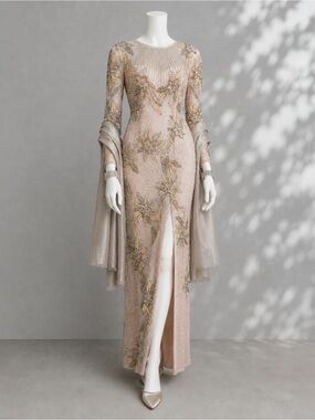 Vintage Oleg Cassini Blush Pink Beaded Sequin Floral Pearl Gown 4